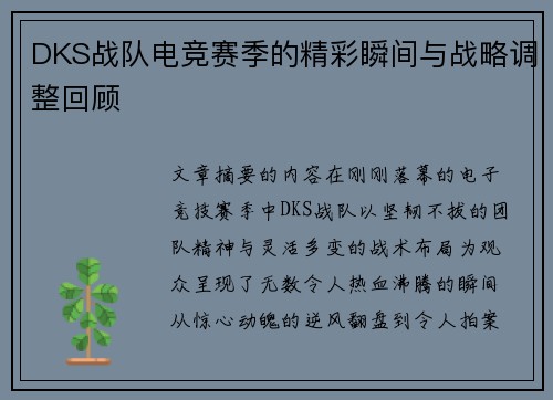 DKS战队电竞赛季的精彩瞬间与战略调整回顾